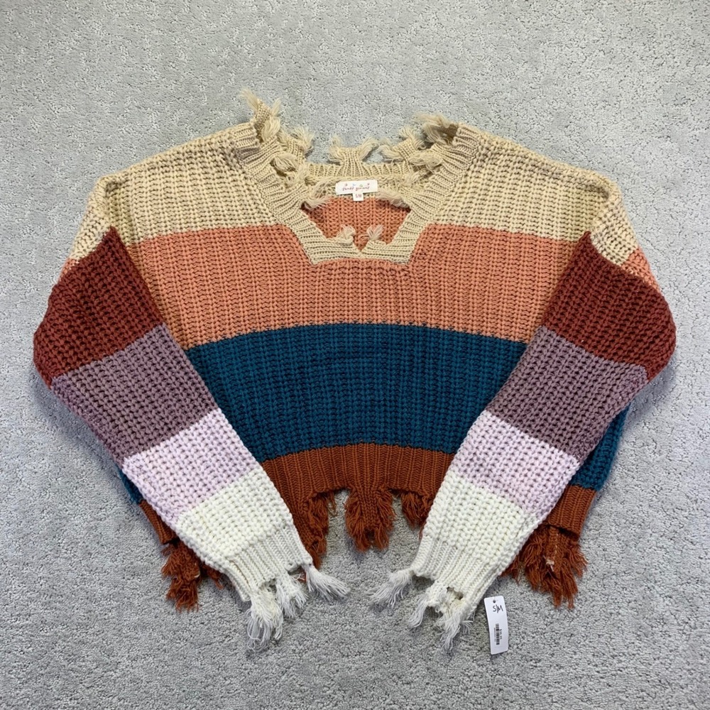 Sweet Generis Sweater Womens S/M Multicolor‎ Striped V Neck Cropped Acrylic